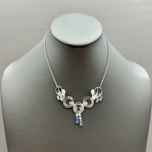 Vintage Carl Art Necklace Sterling Silver Blue Clear Rhinestone Art Deco 16"